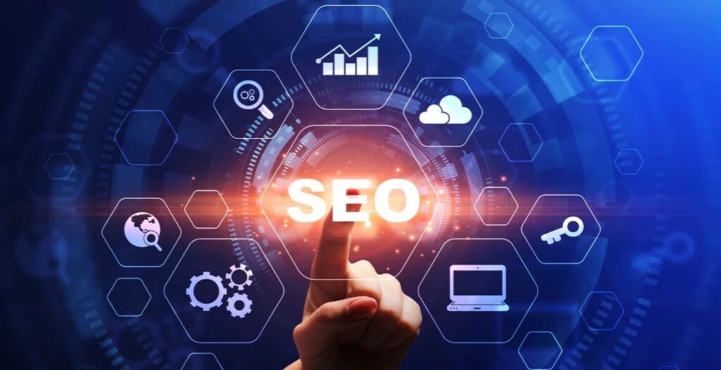 AI-powered SEO strategy concept — hand selecting SEO module surrounded by analytics, keyword and ranking icons for Dubai UAE businesses